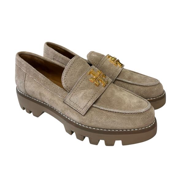 Tory Burch Shoes - Tory Burch Avola Tan Suede Leather Gold Logo Everly Chunky Loafers Womens 6